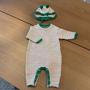 Red and Green Stripe Onesie and Matching Hat (Holidays/Christmas)